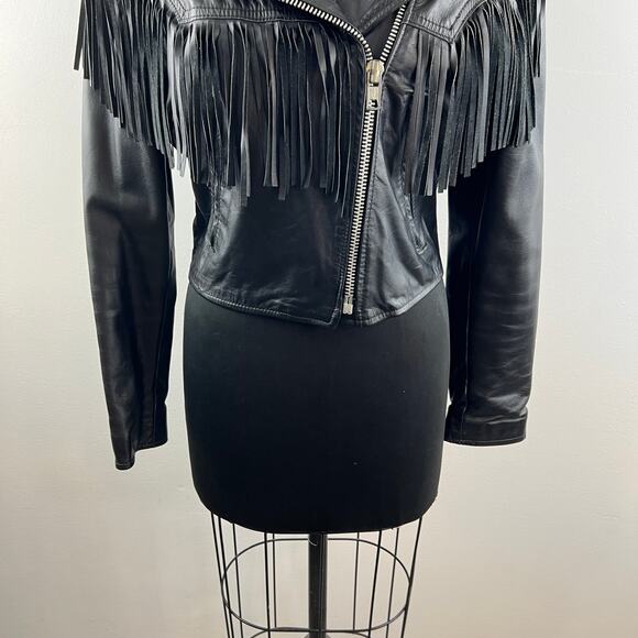 VINTAGE Fidelity Black Cropped Moto Jacket Leather Fringed Notch Lapel Zip 12 - Picture 4 of 11